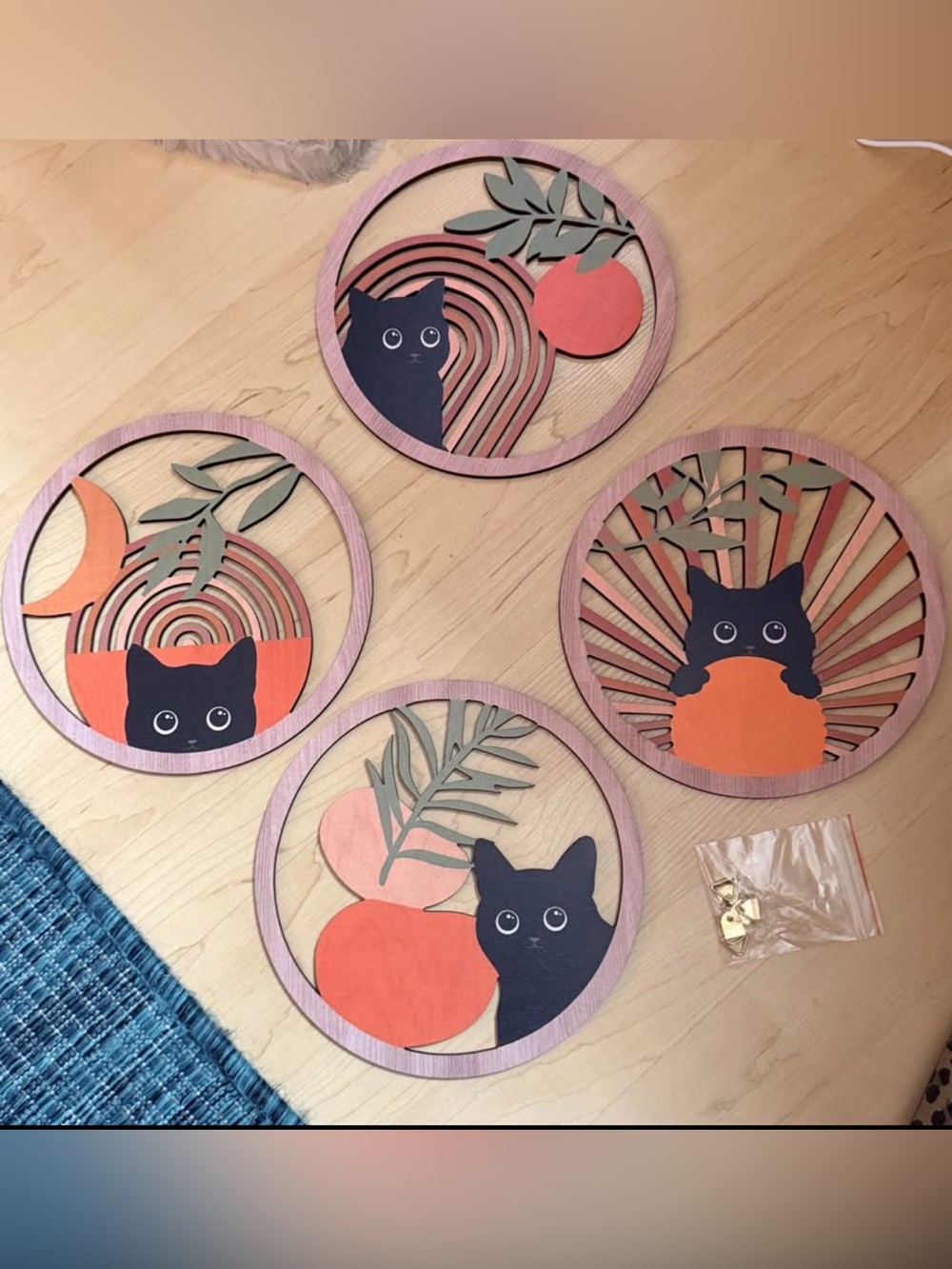Wooden Round Cat Wall Art Set - Black Cats with Peach Accents